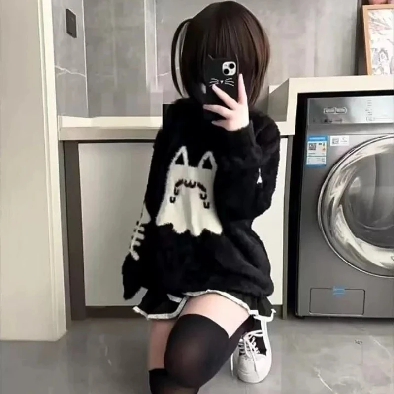 

Harajuku Japanese Kawaii Long Sleeve Pullover O-Neck Knitwear Slim Embroidery Streetwear Top Sweet Patchwork 2025 Autumn