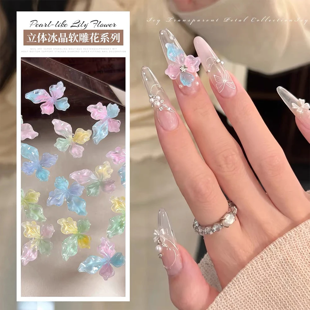 20pcs Ice-Transparent Crystal Flowers Nail Charms 3D Soft Carved Lily Nail Art Rhinestones Four-petal Floral Flatback Nail Decor