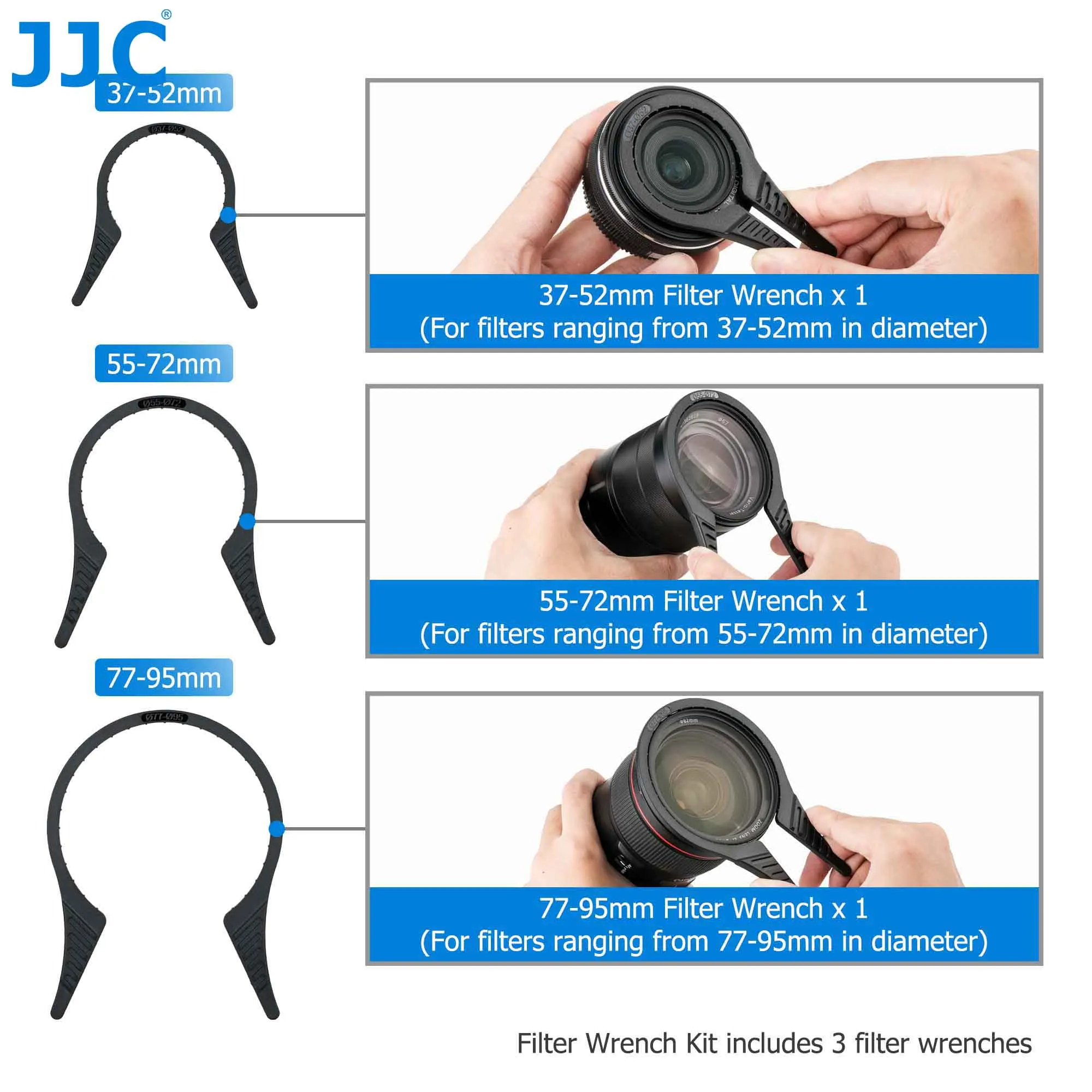 JJC Camera Lens Filter Wrench kit CPL UV ND Filter disassembly Wrench kit Suitable for Camera Filter 37-52mm 55-72mm 77-95mm