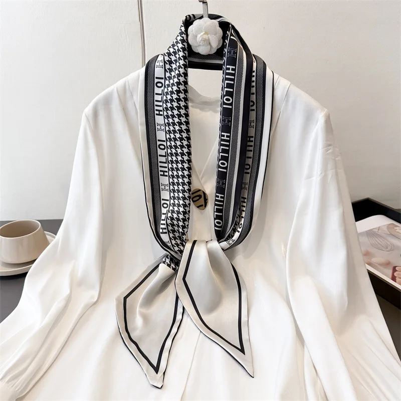 Luxurious summer double-layer oblique decorative silk scarf commuting hair tie scarf versatile slim scarf for women