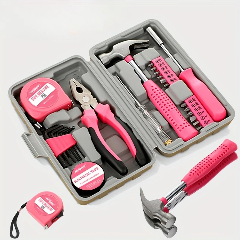 1 Set Of Household Tools In A Pink Toolbox Including Pliers Tape Measure Hammer Other Tools In A Portable Small For Home Repairs