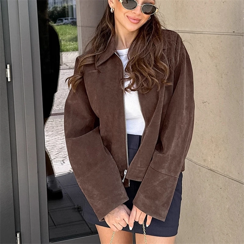 

Women Dark Brown Suede Coats Stand-up Collar Short Loose Zipper Single Breasted Long Sleeves Jacket 2025 Autumn Fashion New Coat