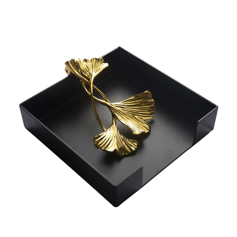 Servilletero cuadrado de acero inoxidable con hoja de Ginkgo, caja de pañuelos a presión para escritorio, decoración de restaurante