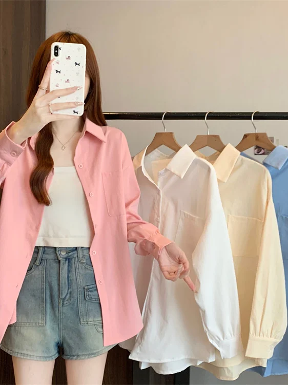 

plus Size Casual Long Sleeve Shirt Women's Outerwear Sun Protection Autumn New Style Slimming Top Collar Button up