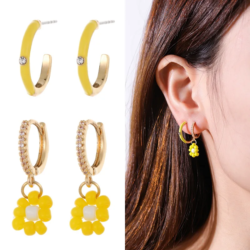 Kenger, macaron glass bead small daisy earrings women's enamel epoxy beaded pendant earrings combination ins