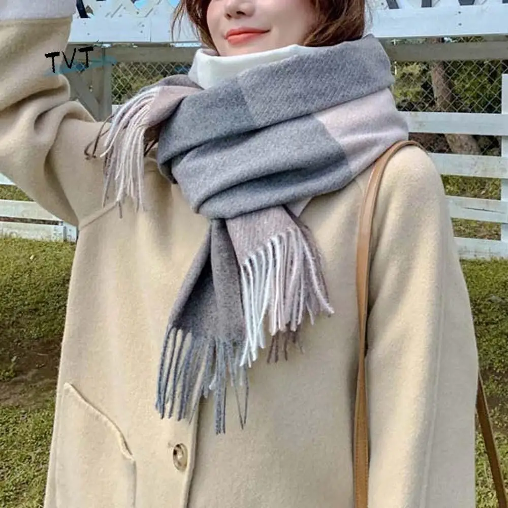 

Мягкий шерстяной классический клетчатый шарф из полиэстера, мягкий вязаный шерстяной шарф контрастного цвета, морозостойкий длинный шейный платок с кисточкой для мужчин