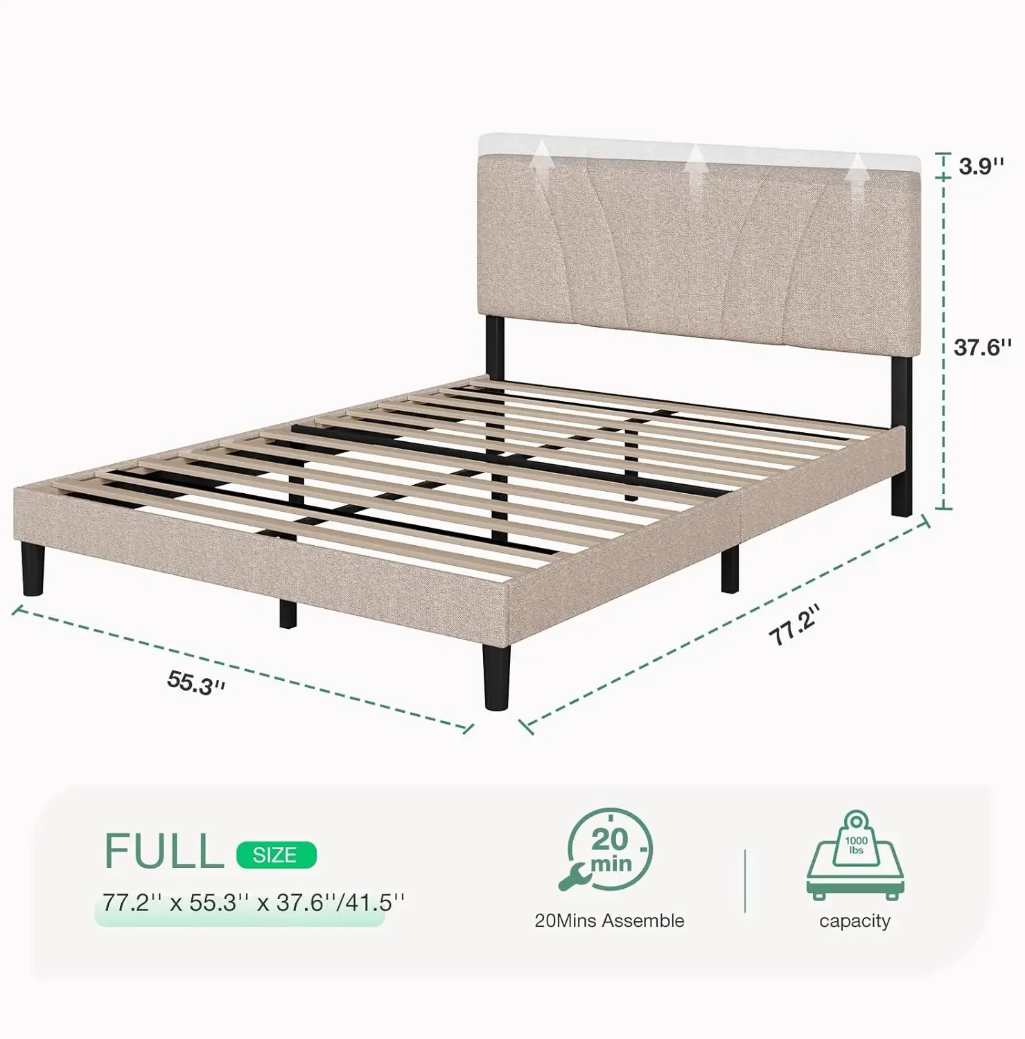 Full Size Bed Frame with Adjustable Headboard Platform Full Bed Frame with Linen Fabric Upholstered Headboard, No Box Sp