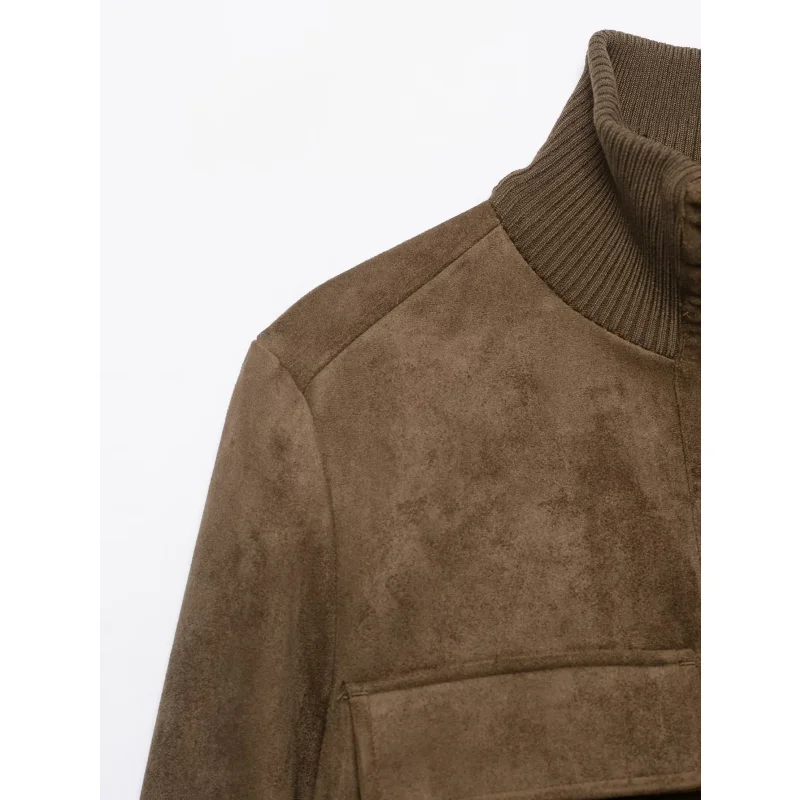 Damen-Jacke aus Wildlederimitat, Herbstkollektion, mit geripptem, hohem Kragen, Reißverschluss, langen Ärmeln und Taschen, kurze Vintage-Oberbekleidung. – Detail 19