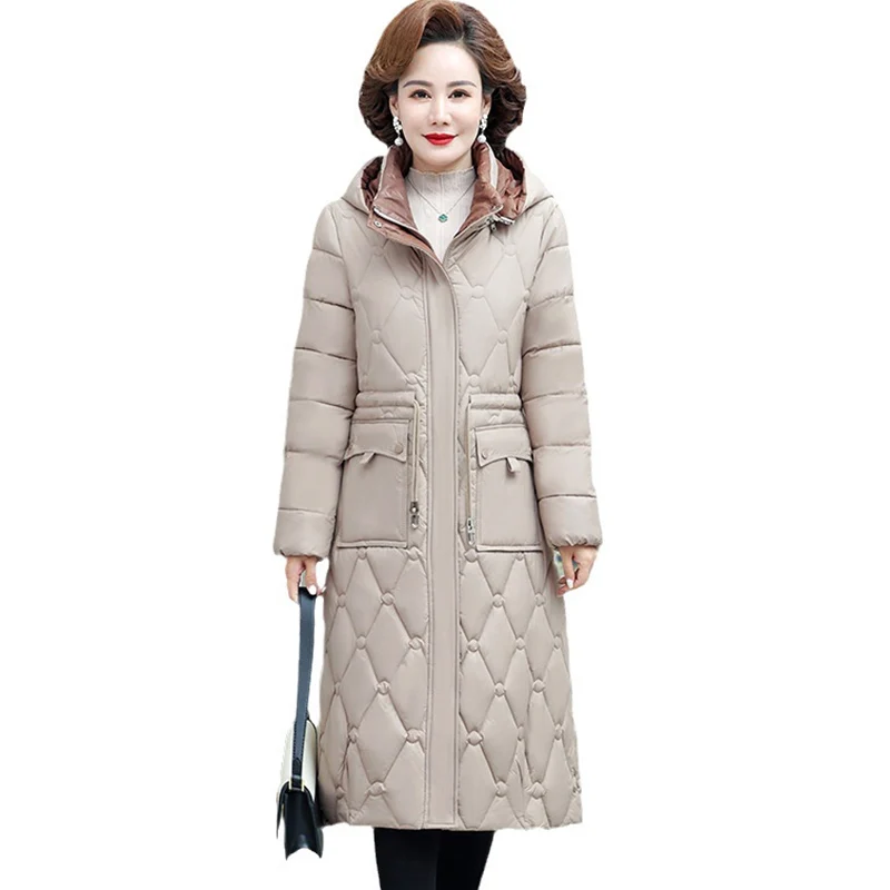 

2023 Long Winter Coat Women Hooded Warm Cotton Padded Jackets Female 5XL Parkas Outerwear Middle Aged Mother Clothes Basic Coats