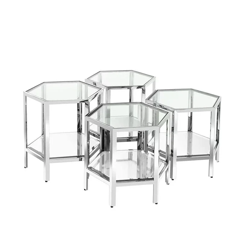 

Light luxury tempered glass coffee table combination living room stainless steel hexagonal geometric coffee table angle