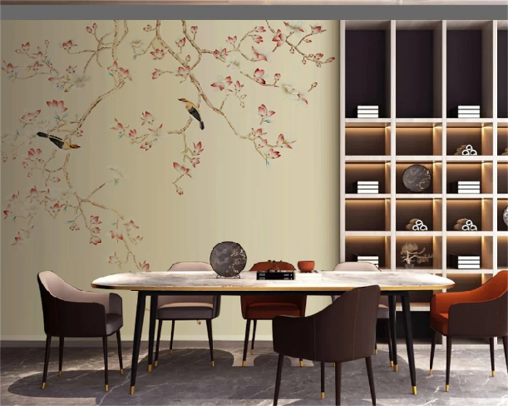wellyu Custom wallpaper new Chinese style small fresh magnolia flower bird high-end living room bedroom background wall mural