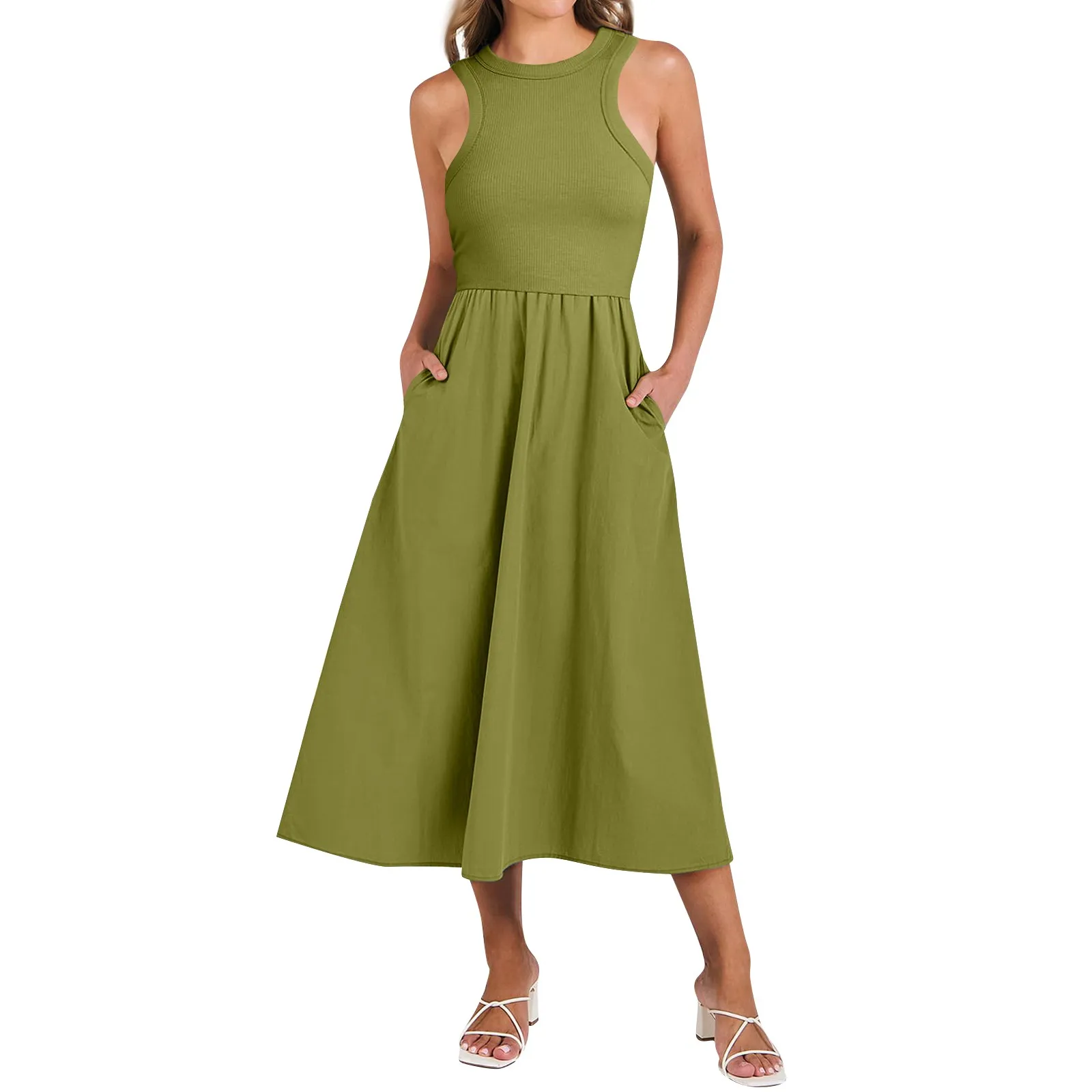 Summer Solid Color Daily Commuting Sleeveless Round Neck Patchwork Knit Racerback Fashion Flowy A-line Dresses With Pockets