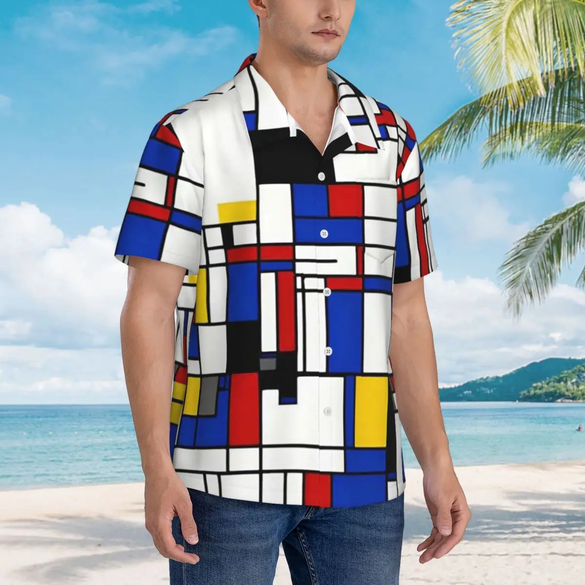 

Питер Мондриан Гавайские рубашки Модные мужские рубашки с коротким рукавом для лета Пляжные мужские топы на пуговицах