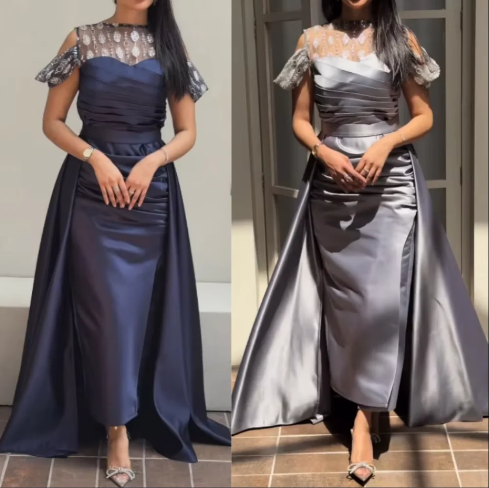 

Customized Saudi Arabia Satin Sequined Evening Dresses Straight Boat Neck Prom Dress Bespoke Occasion Gown Knee Midi Dresses