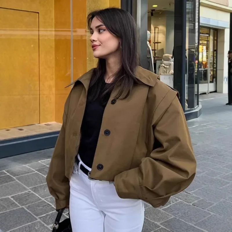 빈티지 브라운 짧은 트렌치 코트 여성 세련된 가을 재킷 여성용 윈드 브레이커 우아한 얇은 봄 아우터 가을 옷