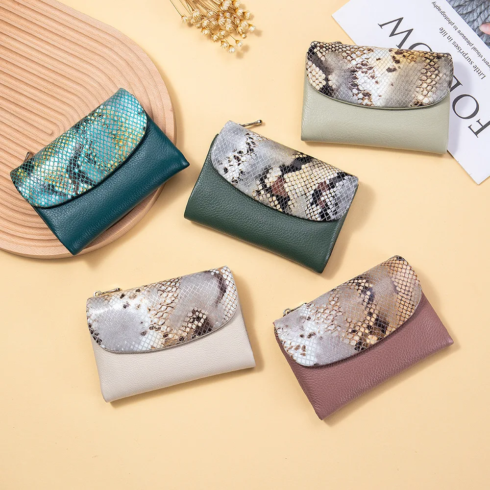 New 10 Colors Snake Pattern Cow Leather Short Wallet Women Fashion Python Genuine Cowhide Tri-fold Card Holder Purse Ladies