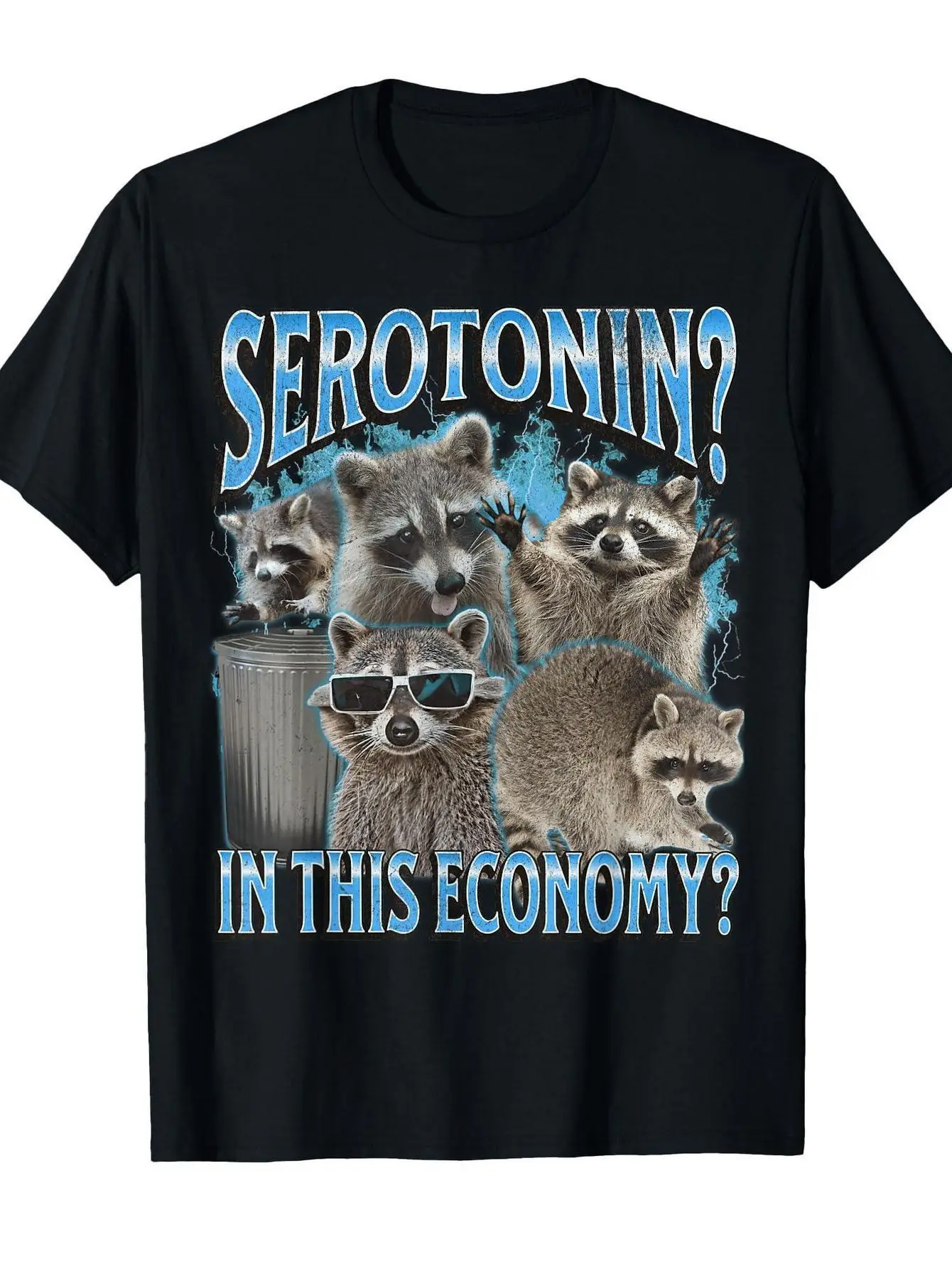 Y a-t-il de la sérotonine dans l'économie ? T-shirt noir avec un motif de raton laveur, des lunettes et une poubelle, en tissu lavable en machine
