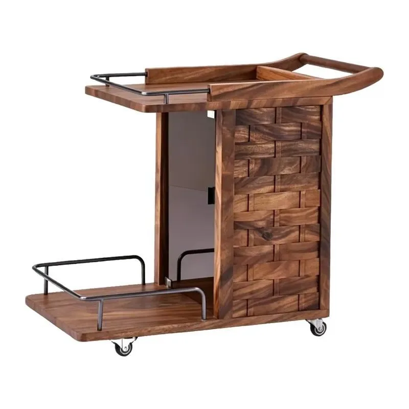 Modern Multifunctional Adjustable Stainless Steel Wheels Wooden Coffee Cart Living Room Sofa Side Cabinet 2 Compartments Home