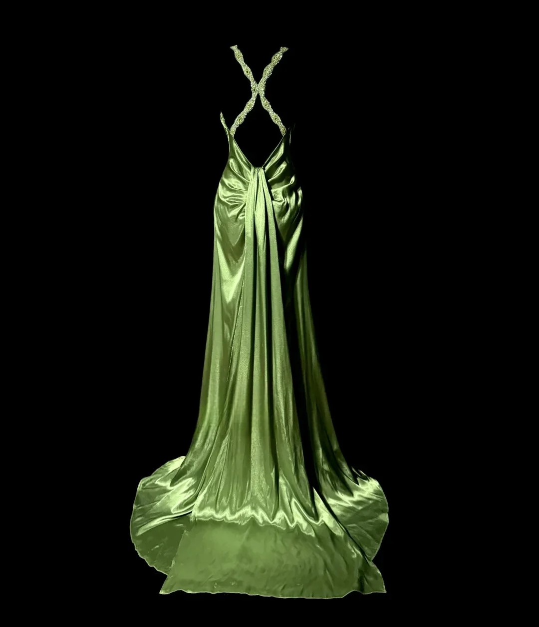 Green Woman Evening Dress Sexy V-Neck Satin Floor-Length Skirt Backless Mermaid Pleated Woman Party Wedding Bride Gowns