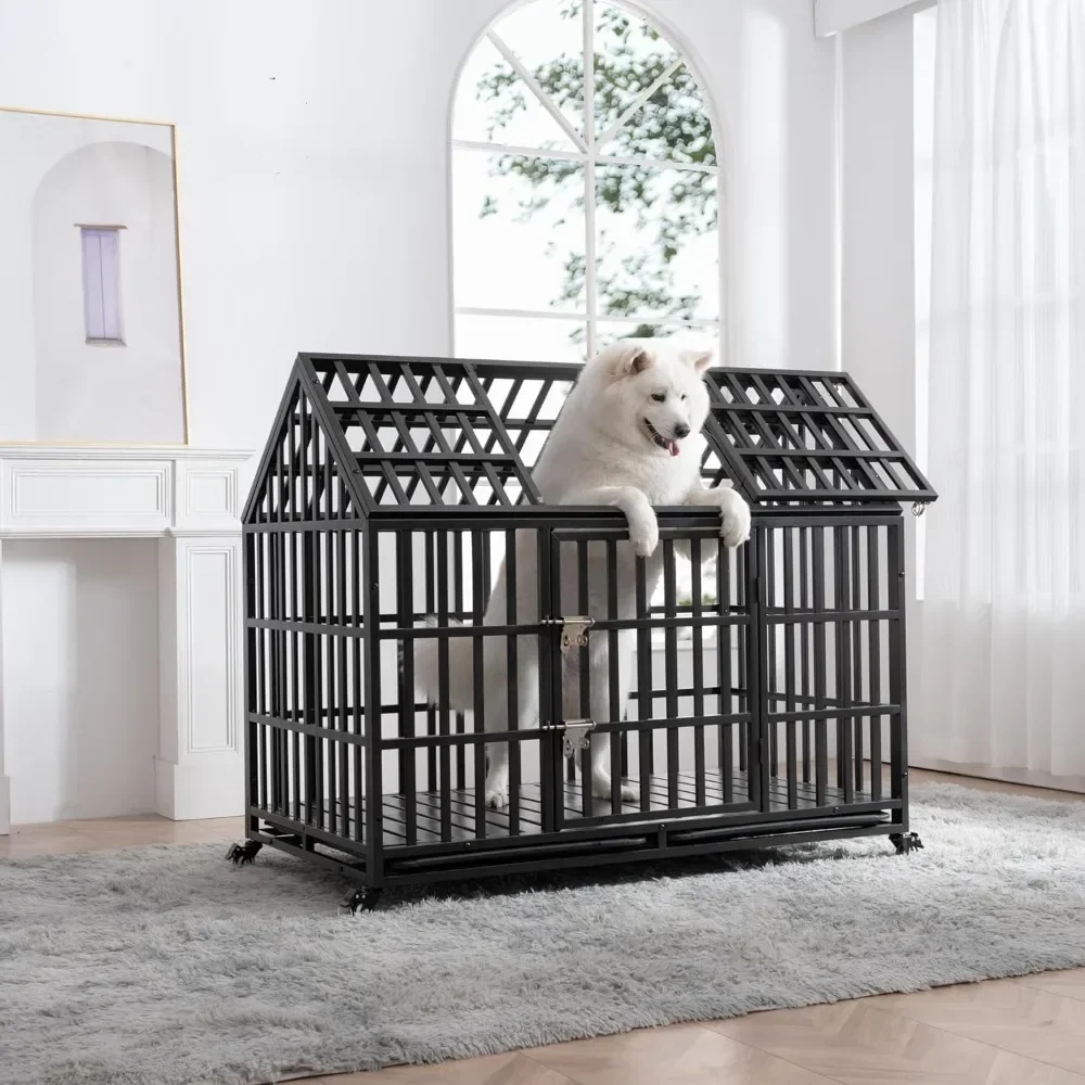 52 Inch Dog Crate with Sturdy Latches, Extra Large Kennel with Pointed Roof, Escape-Proof and Indestructible Pet Cage