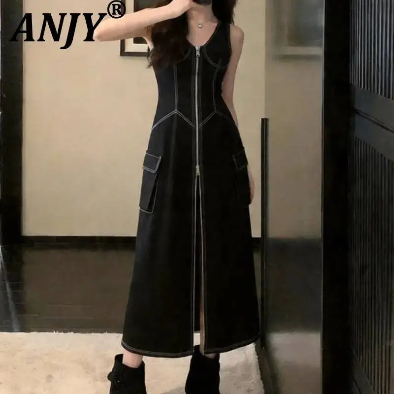 

ANJY Spring Summer New Women French Style Elegant Waist-cinching Sleeveless V-Neck Zipper Pocket High Street Denim Dress A24286