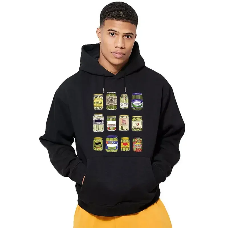 Unisex Hooded Sweatshirt Vintage Pickle Jar Collection Graphic Print Funny Cucumber Lover Casual Long Sleeve Pullover Hoodie