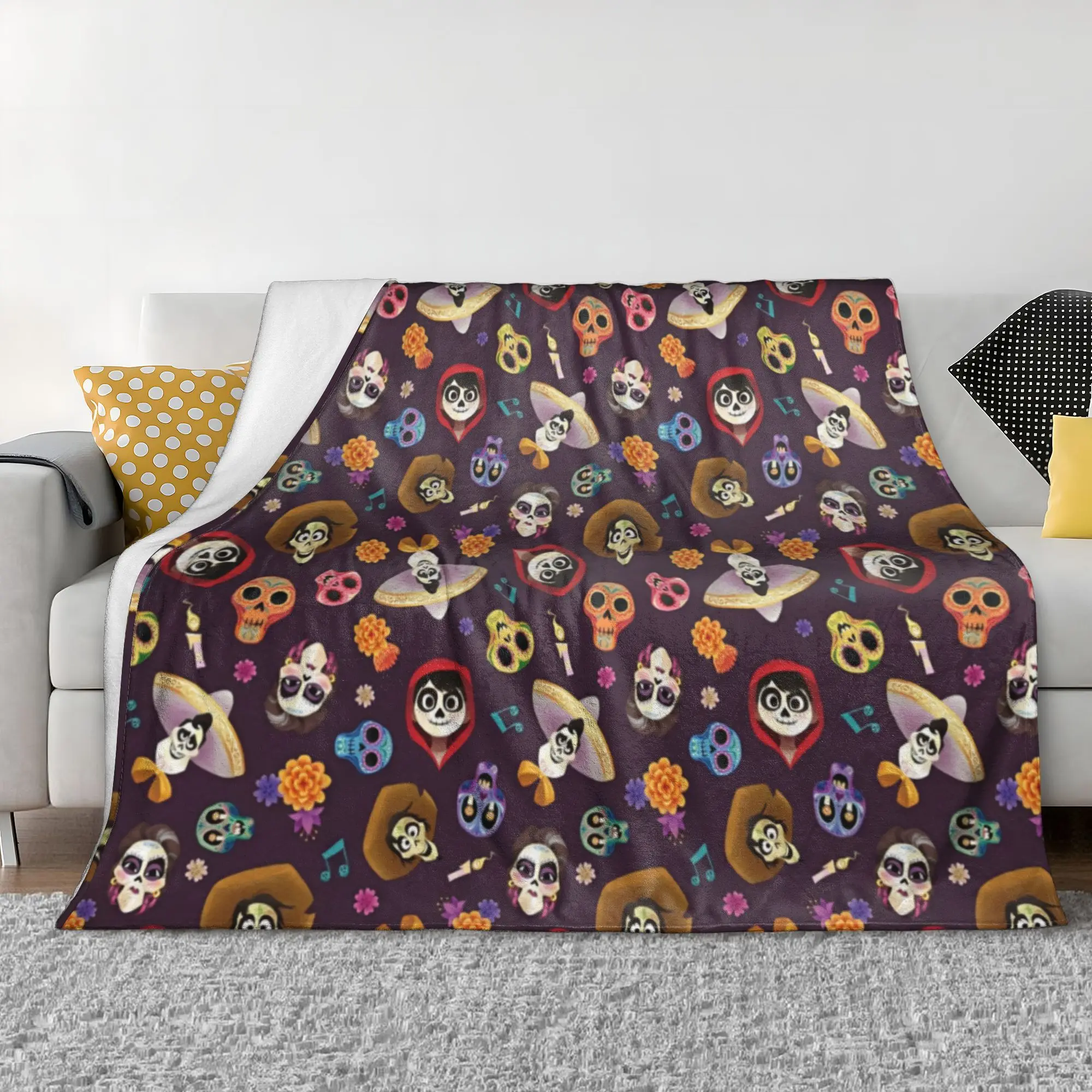 C-Coco Day of The Dead Cartoon Flannel Throw Blankets Guitar Thankgiving Blankets Sofa Car Ultra-Soft Plush Thin Quilt Portable