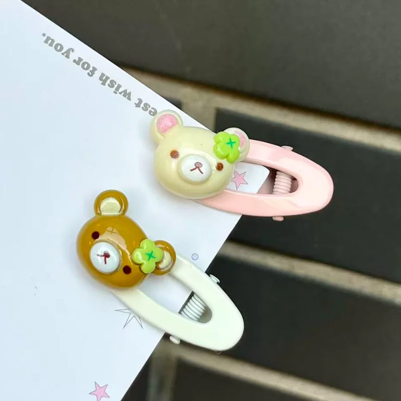 New Cartoon Rilakkuma Hairpin Cute Four Leaf Clover Bear Brother Ellipse Bb Hairpin Girl Sweet Hair Accessory Friend Party Gift - view 3