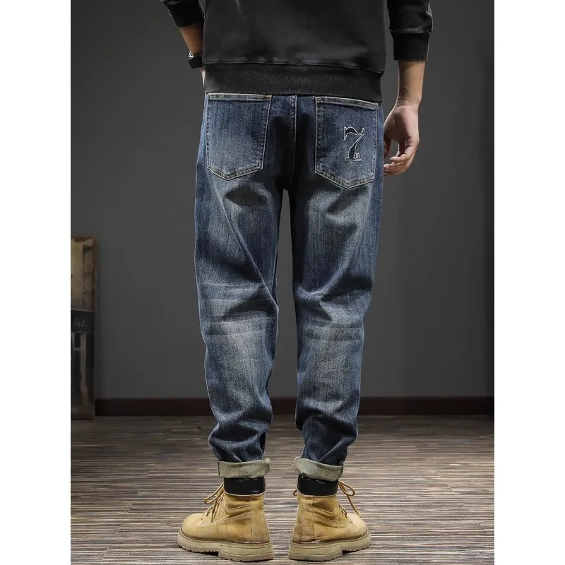 Jeans vintage americano de alto nível masculino, bordado solto, perna reta, calça Harlan, tamanho grande, moda primavera-outono