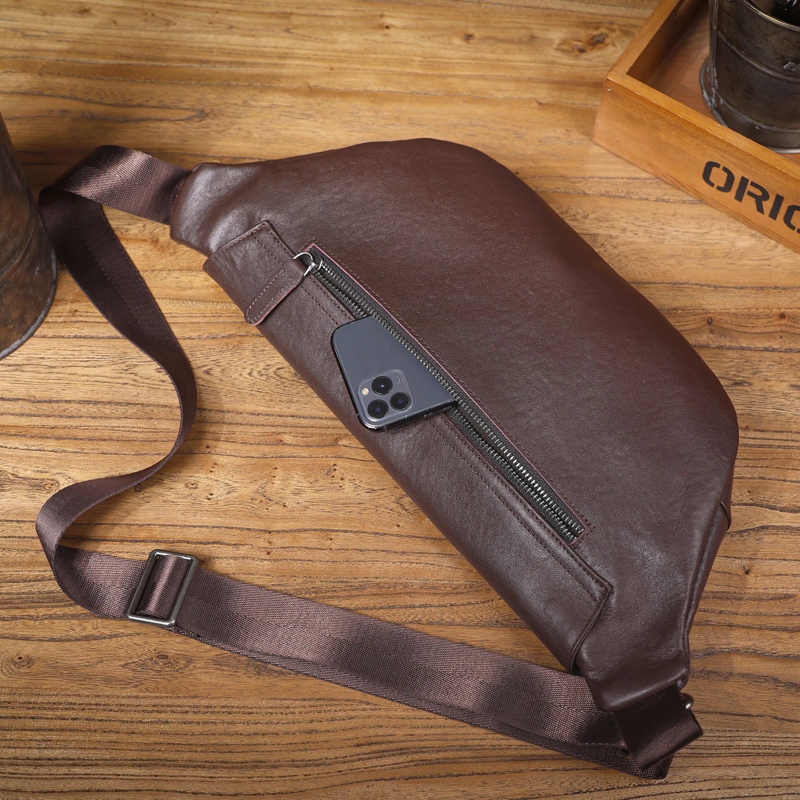 S.WORKER Herren-Umhängetasche aus echtem Leder, Umhängetaschen, einfache Rindsledertasche, pflanzlich gegerbtes Oberschichtleder, modisch, lässig – Detail 26