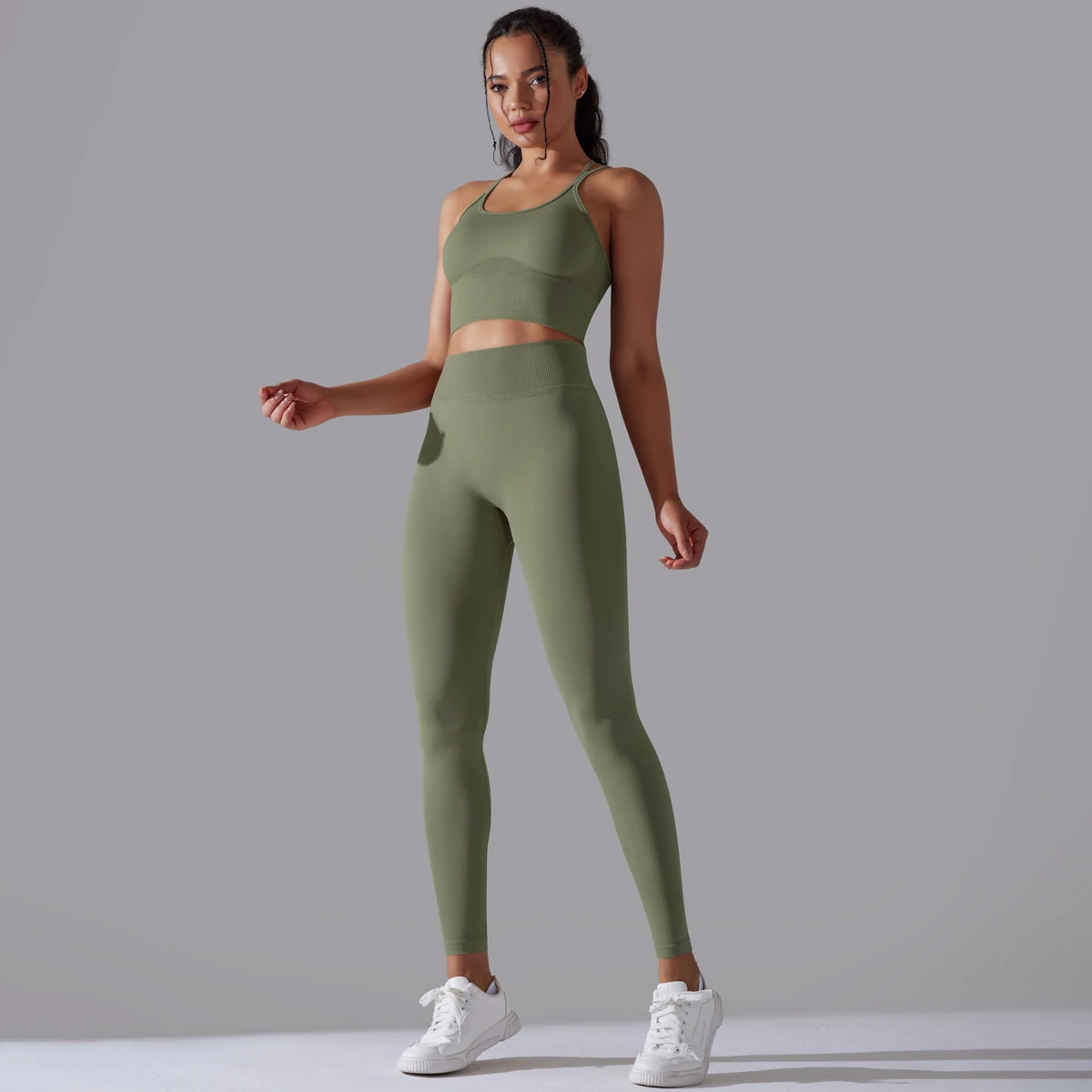 Gebürstetes Yoga-Set für Damen, 2-teilig, Workout, Sportbekleidung, überkreuzter Rücken, Sport-BH, hohe Taille, Leggings, Fitnessstudio, Kleidung, Sportanzüge – Detail 27