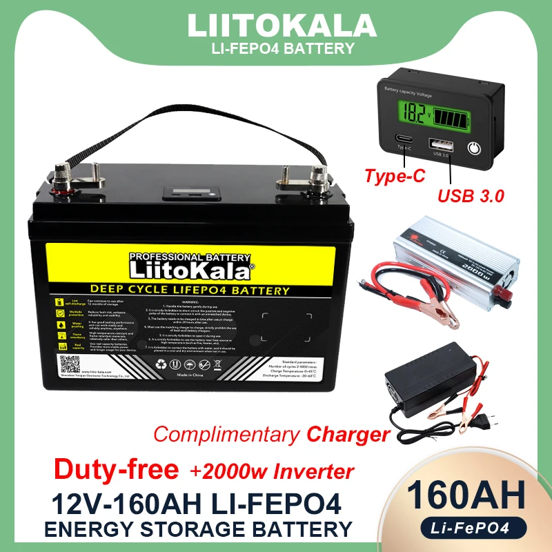 LiitoKala 12V/12.8v 160ah LiFePO4 Battery outdoors Touring car Multifunctional USB 3.0 Type-C Output 2000w 220v Inverter Charger