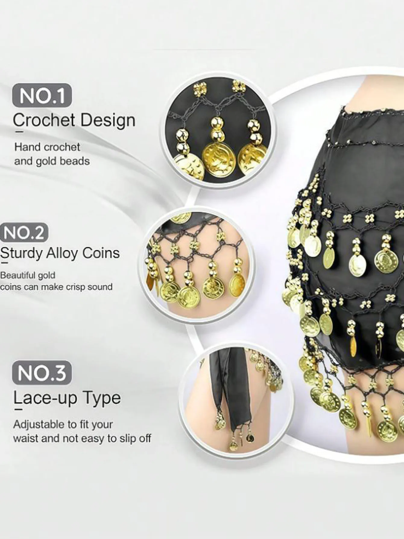 1pc ベリーダンサーヒップスカーフ、コインで包まれた甘いベリーダンススカート、エジプトスタイルのベリーダンスコスチュームヒップスカーフベルト