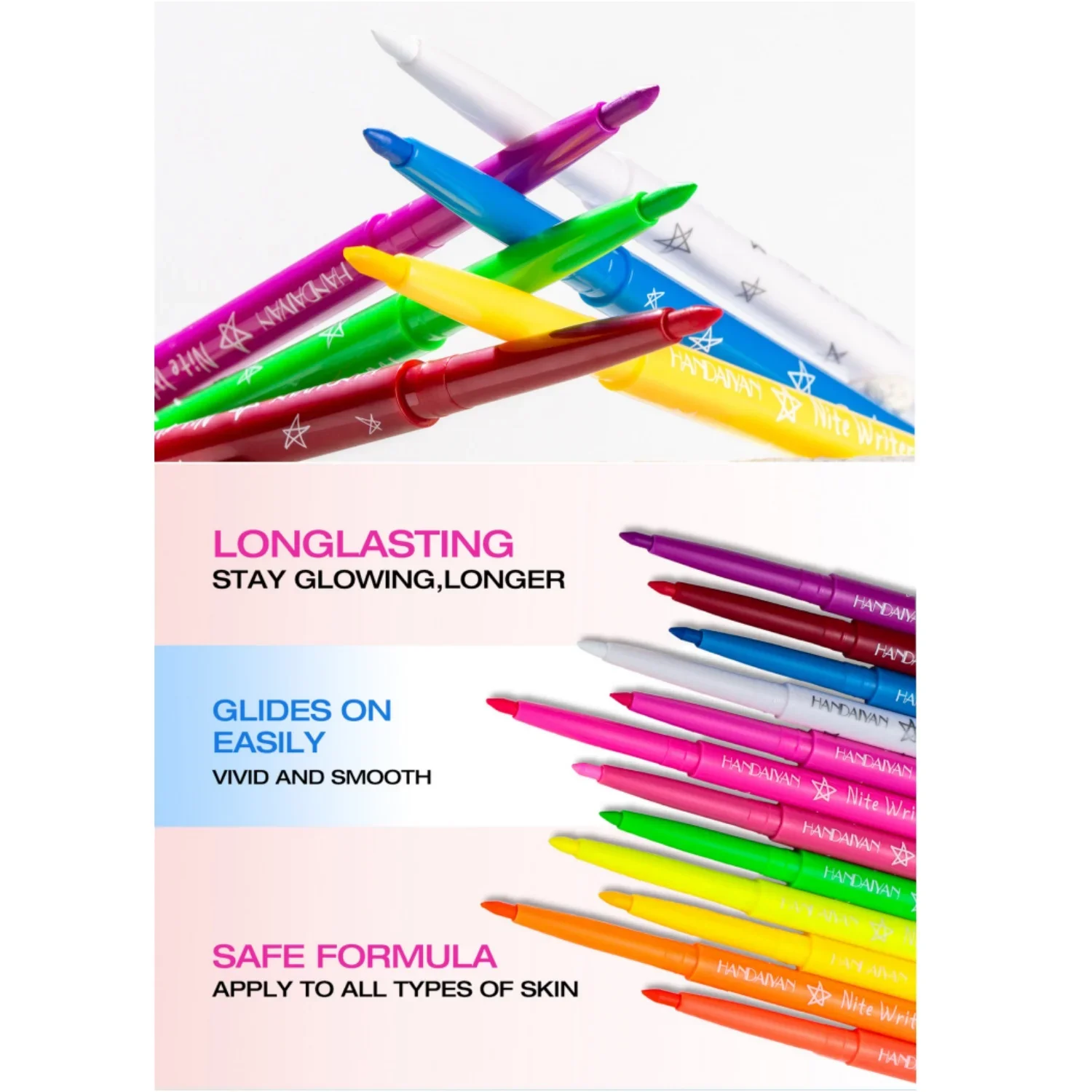 HANDAIYAN Night Luminous อายไลเนอร์ดินสอชุดกันน้ํา Quick แห้งยาวนาน 12pcs Eyeliner Rainbow Liquid Eyeliner