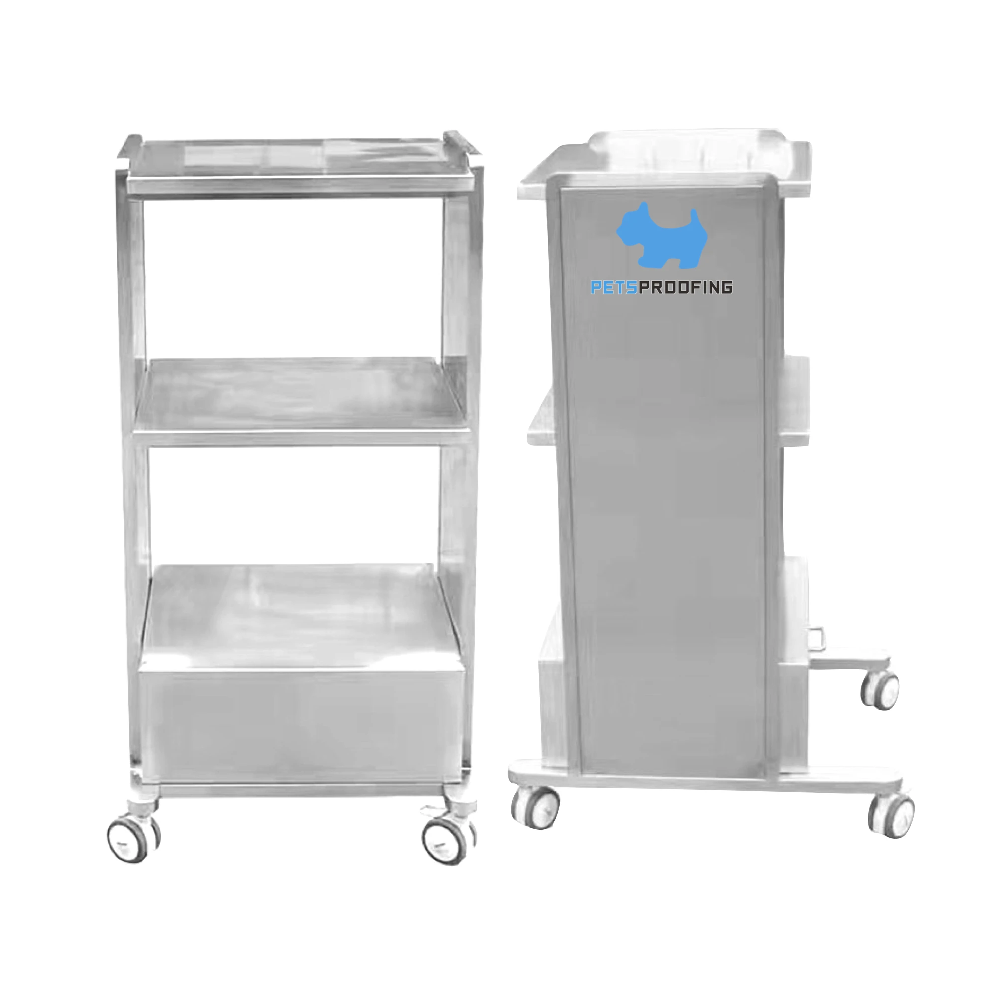 Medical Stainless Steel Multilayer Equipment Cart with optional universal brake wheels or fixed adjustment feet at the bottom