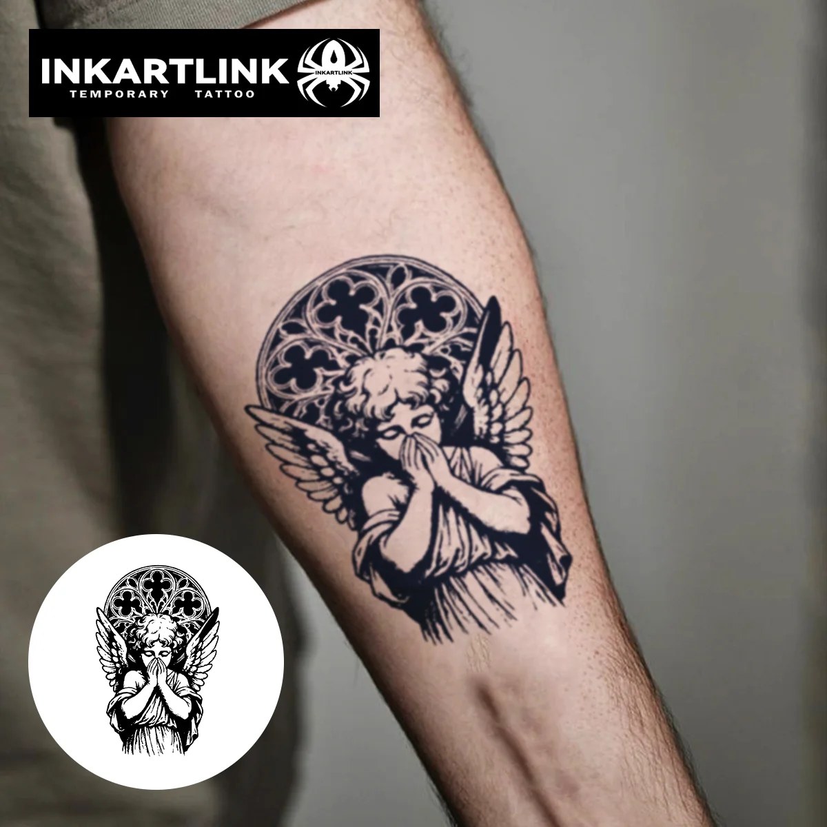INKARTLINK 1PC Herbal Gothic Prayer Angel Tattoo Lasts 2-5 Days, Unisex for Art Events & Vintage Style.