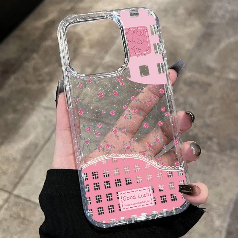

Cute Pink Checkered Floral Glitter Transparent Phone Case For iPhone 17 Air 11 12 13 14 15 16 Pro Max XS XR X 7 8 Plus 17E Cover