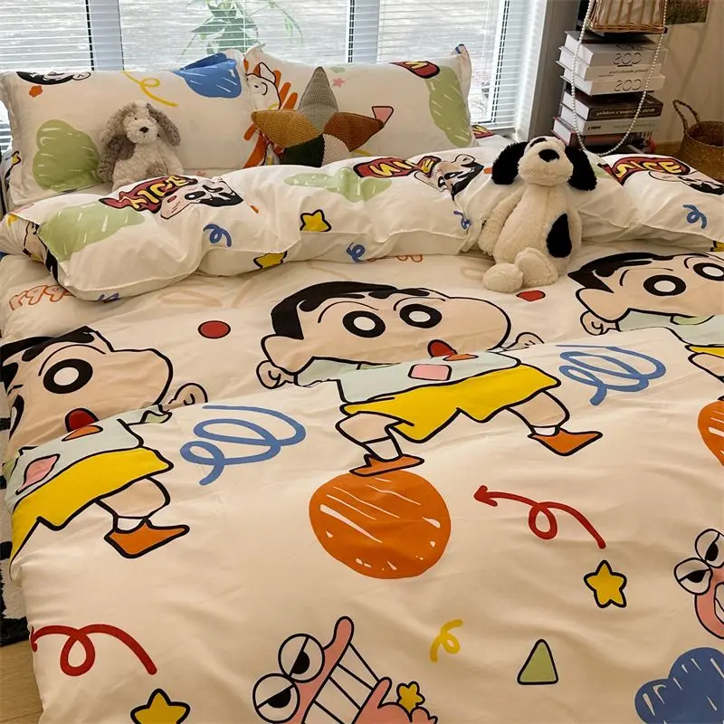 Crayon Shin-chan Bed 3/4cps Bedding Set Cartoon Anime Cute Student School Dormitory Bed Sheets Set Pillow Case Bedroom Gifts