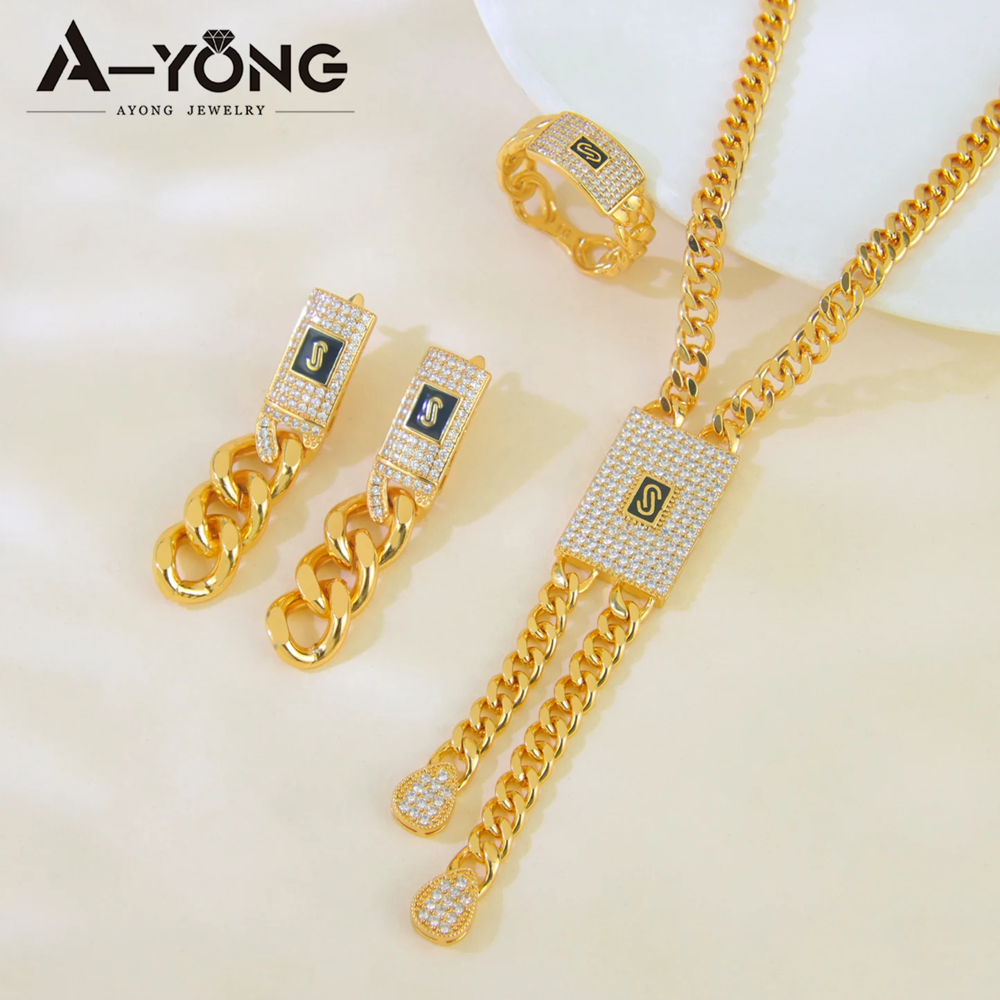 Gorgeous Dubai Hip Hop Jewelry Set 21k Gold Plated Brazilian Classic Zirconia Necklace Earrings Ring Moroccan Daily Party Gifts