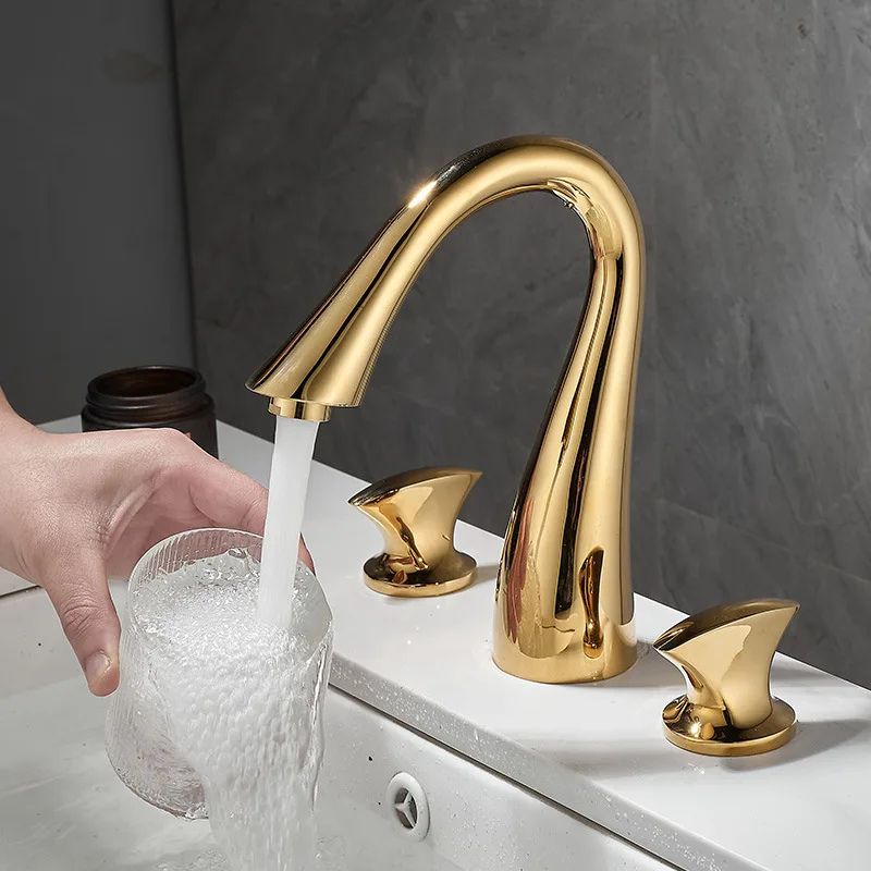 Luxury-luxurious gold-colored brass basin with three-hole cold and hot water faucet, split unit set of three pieces