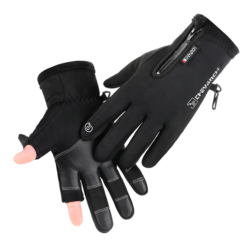 1Pair Winter Fishing Gloves Outdoor Exposed Two-finger Touch Screen Non-slip Glove Waterproof Wrist Elastic Warm Fishing Gloves