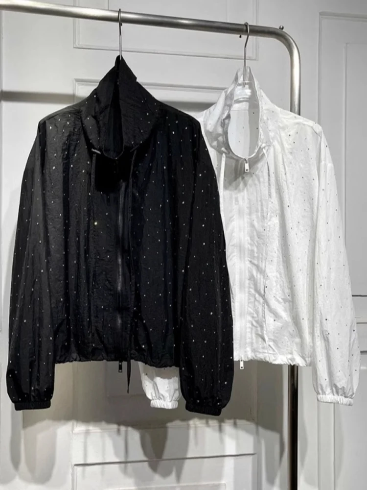 

Extra Large Size Long Sleeve Diamond Embellished Stand Collar Summer Lightweight Women's Jacket Loose Fit Air Conditioning Shirt