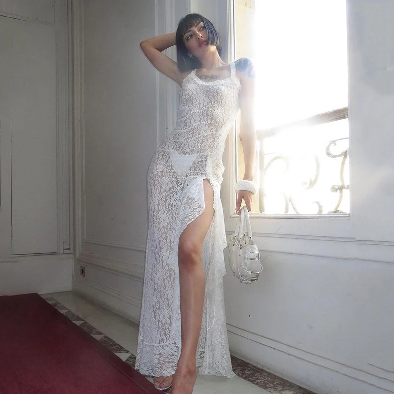 Sexy and Fashionable Lace Suspender Dress with Backless Design and Long Bodycon Skirt