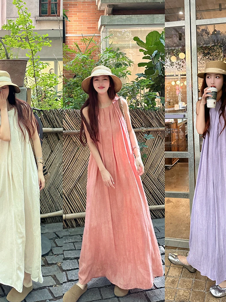 

Льняной жилет WANNANKE с круглым вырезом и плиссированным дизайном, повседневное летнее платье А-силуэта, удобное, свободного кроя, с регулируемой талией