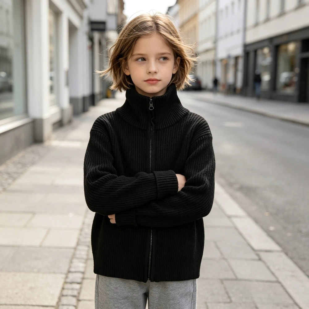 Girls Zip Up Ribbed Knit Top Mock Neck Long Sleeve Cardigan with Double Zipper Kids Soft Stretch Base Layer Autumn Winter Outfit