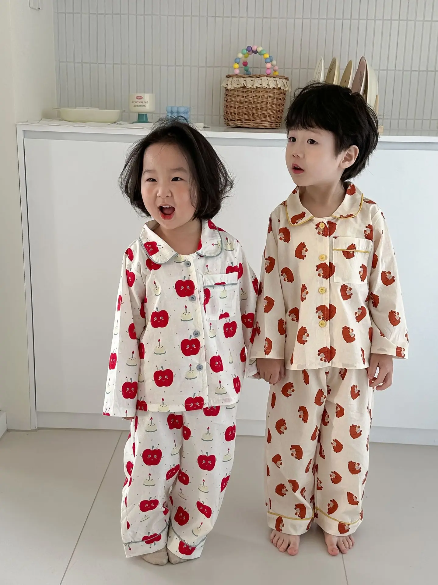 2024 Spring Children Cartoon Homewear Outfits Boy Girl Baby Print Lapel Tops + Pants Pajamas 2pcs Loose Kid Cotton Pyjamas Suit