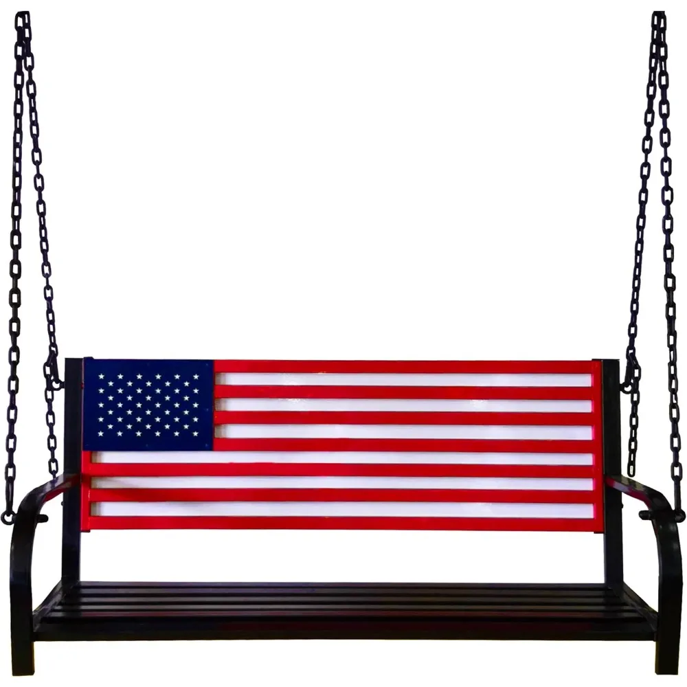 

Outdoor Porch Metal American Flag Swing in Red, White, and Blue for Backyard and Patio
