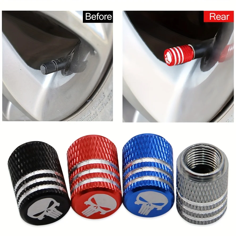 4pcs/pack Creative Skull Head Logo Car Tire Valve Caps - Aluminum Alloy Valve Core Cover with Sealant Pad Accessories Tools New