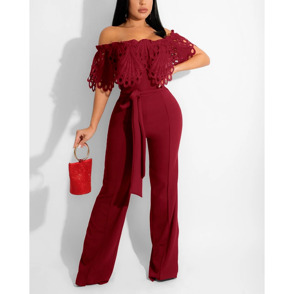 Women Off Shoulder Hollow Out Short Sleeve Summer Jumpsuits Lady Tied Detail Wide Leg Party One Piece Evening Jumpsuit Clothing