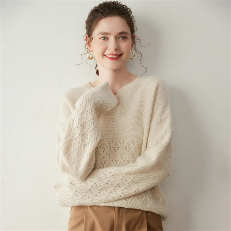 Autumn Winter 100% Cashmere High Quality Women's O-neck Hollowed Pullover Sweater Casual Simple Soft Skin Friendly Knitted Top